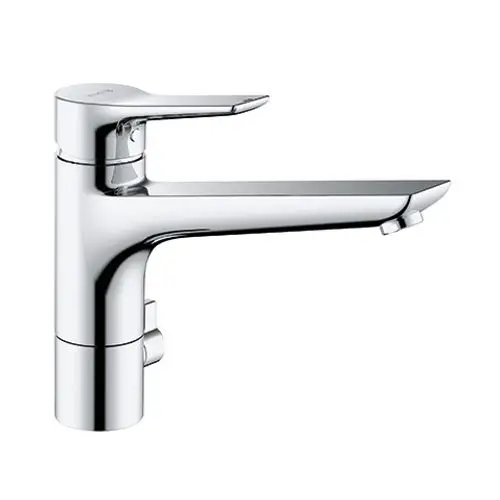 Kludi Wasserhahn mit einem geschlossenen Hebel in verchromter Ausführung, mit einem flachen Auslauf und seitlichem Bedienhebel zur einfachen Regulierung des Wasserflusses.